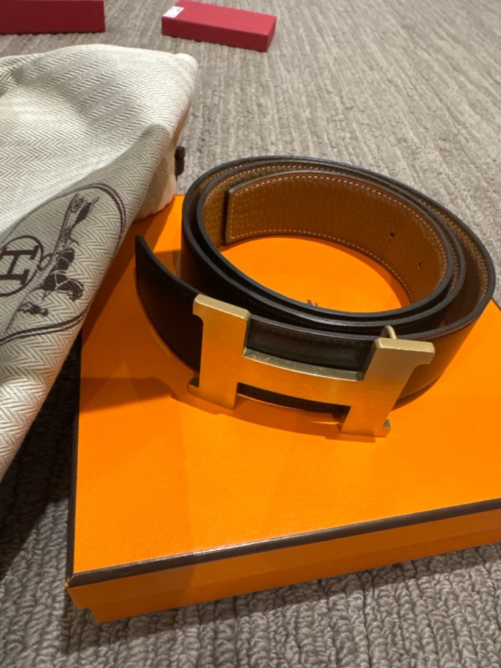 Reversible Hermès H buckle black brown reversible leather belt brushed gold